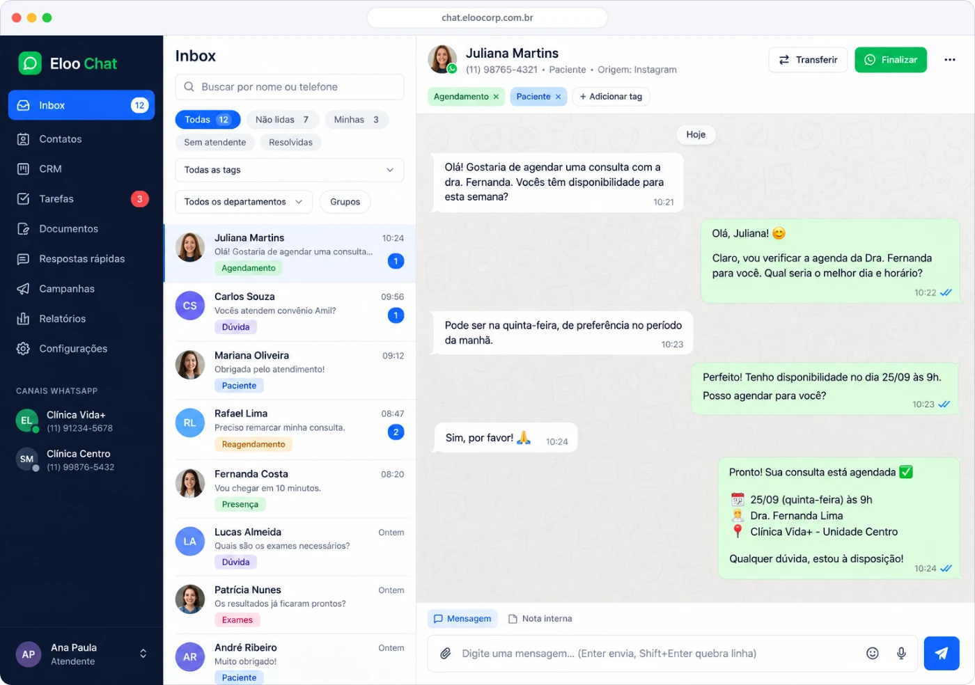 Inbox do Eloo Chat com lista de conversas, conversa aberta no WhatsApp e canais conectados