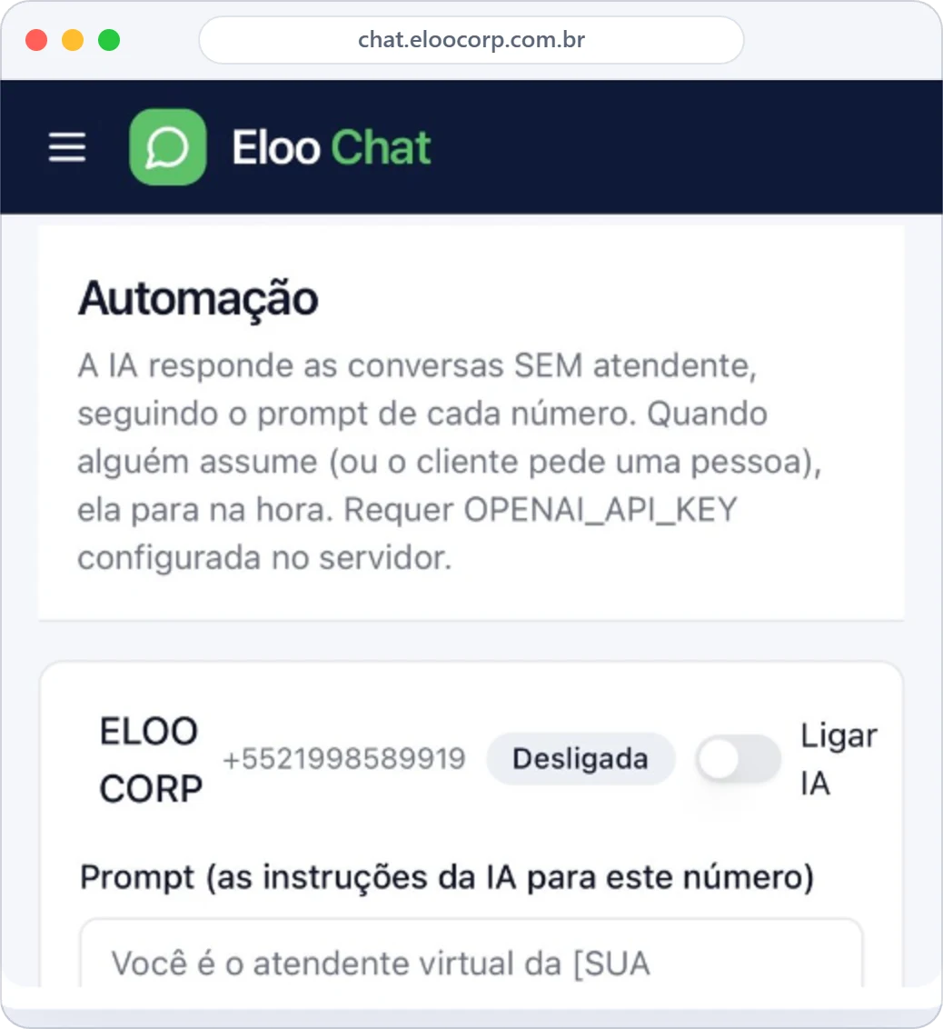Configuração da IA por número no Eloo Chat