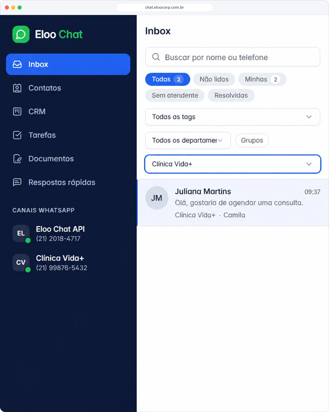 Inbox do Eloo Chat com menu lateral, filtros e canais de WhatsApp