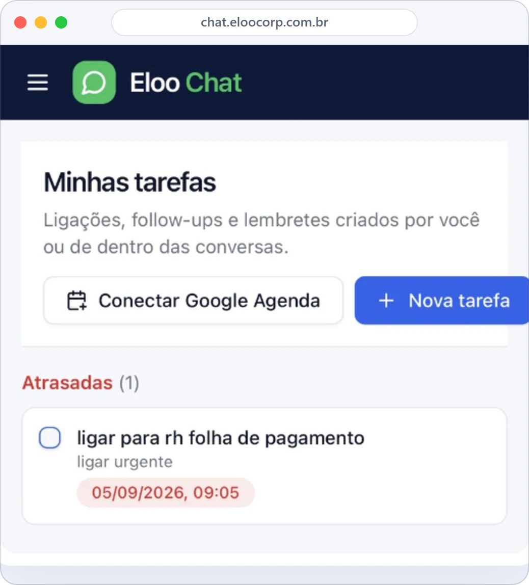 Tarefas e Google Agenda no Eloo Chat